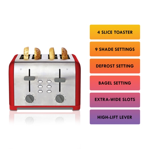 Kenmore 4-Slice Toaster, Red Stainless Steel, Dual Controls, Extra Wide Slots, Bagel and Defrost