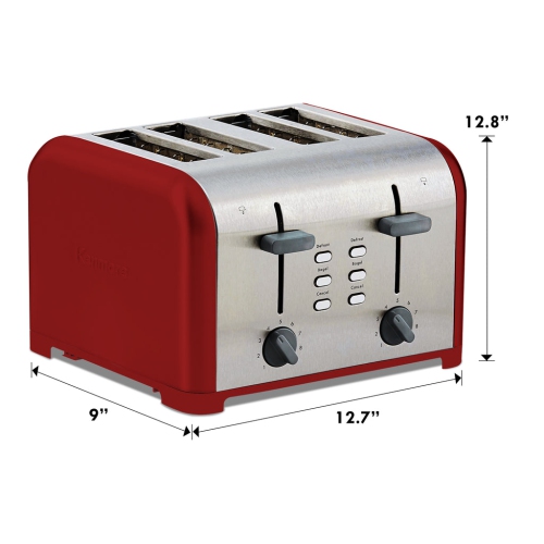 Kenmore 4-Slice Toaster, Red Stainless Steel, Dual Controls, Extra Wide Slots, Bagel and Defrost