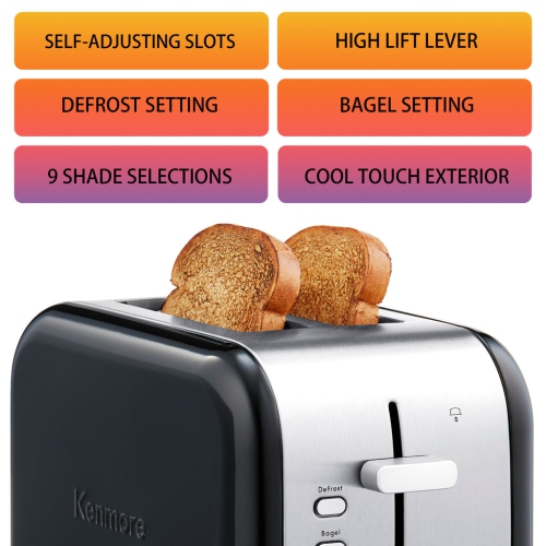 Kenmore 2-Slice Toaster, BLACK Stainless Steel, Extra Wide Slots, Bagel, Defrost, 9 Shade Settings