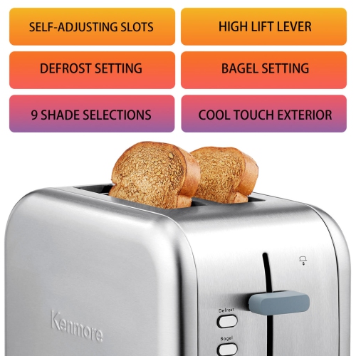 Kenmore 2-Slice Toaster, Stainless Steel, Extra Wide Slots, Bagel, Defrost, 9 Shade Settings