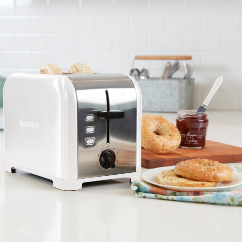 Kenmore 2-Slice Toaster, White Stainless Steel, Extra Wide Slots, Bagel, Defrost, 9 Shade Settings