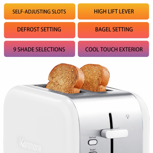 Kenmore 2-Slice Toaster, White Stainless Steel, Extra Wide Slots, Bagel, Defrost, 9 Shade Settings