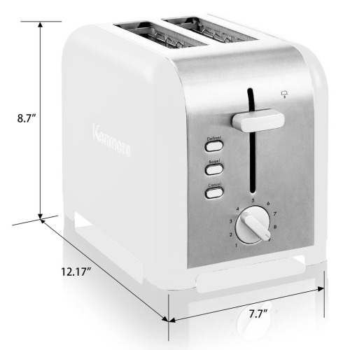 Kenmore 2-Slice Toaster, White Stainless Steel, Extra Wide Slots, Bagel, Defrost, 9 Shade Settings