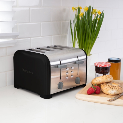 Kenmore 4-Slice Toaster, BLACK Stainless Steel, Dual Controls, Extra Wide Slots, Bagel, and Defrost.