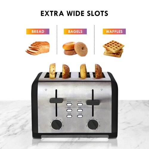Kenmore 4-Slice Toaster, BLACK Stainless Steel, Dual Controls, Extra Wide Slots, Bagel, and Defrost.
