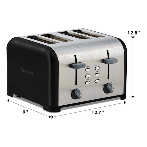 Kenmore 4-Slice Toaster, BLACK Stainless Steel, Dual Controls, Extra Wide Slots, Bagel, and Defrost.