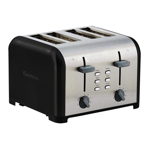 Kenmore 4-Slice Toaster, BLACK Stainless Steel, Dual Controls, Extra Wide Slots, Bagel, and Defrost.