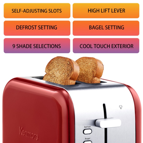 Kenmore 2-Slice Toaster, Red Stainless Steel, Extra Wide Slots, Bagel, Defrost, 9 Shade Settings