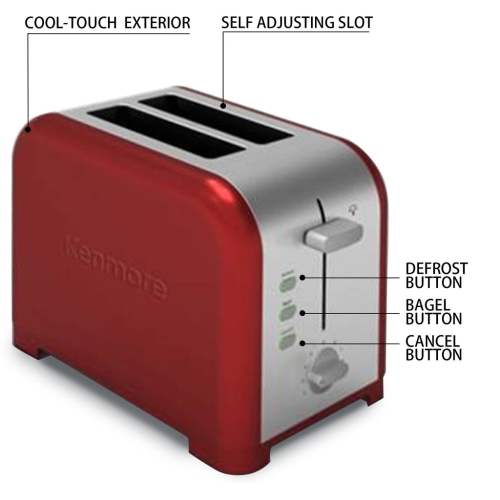 Kenmore 2-Slice Toaster, Red Stainless Steel, Extra Wide Slots, Bagel, Defrost, 9 Shade Settings