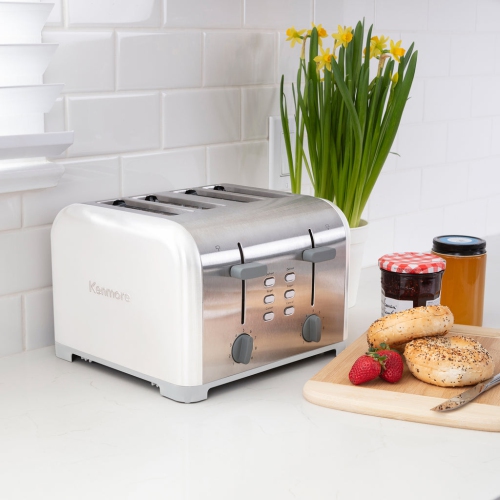 Kenmore 4-Slice Toaster, White Stainless Steel, Dual Controls, Extra Wide Slots, Bagel and Defrost Functions, 9 Browning Levels, English Muffin,