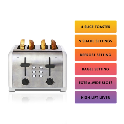 Kenmore 4-Slice Toaster, White Stainless Steel, Dual Controls, Extra Wide Slots, Bagel and Defrost Functions, 9 Browning Levels, English Muffin,