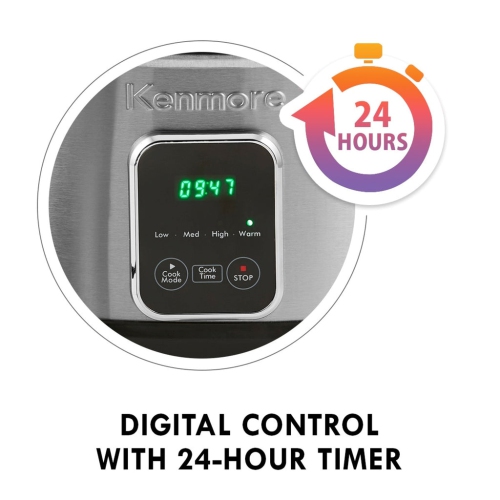 Mijoteuse programmable 7&nbsp;qt de Kenmore avec réchaud à sauce, noir et argenté, acier inoxydable, écran numérique, commandes à une touche.