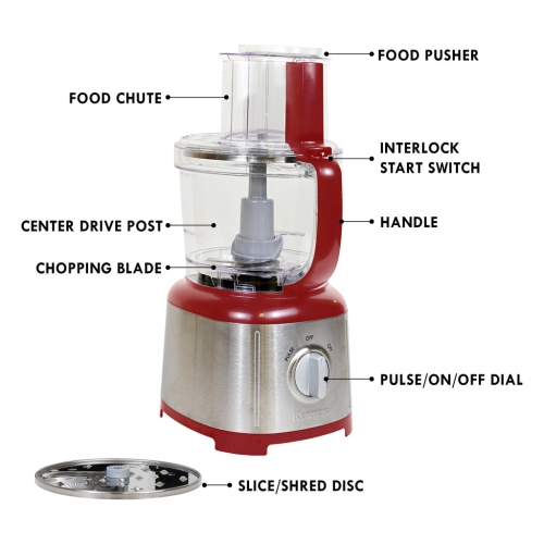 Kenmore 11-Cup Food Processor and Vegetable Chopper, Reversible Slice/Shred Disc, 500W, Red