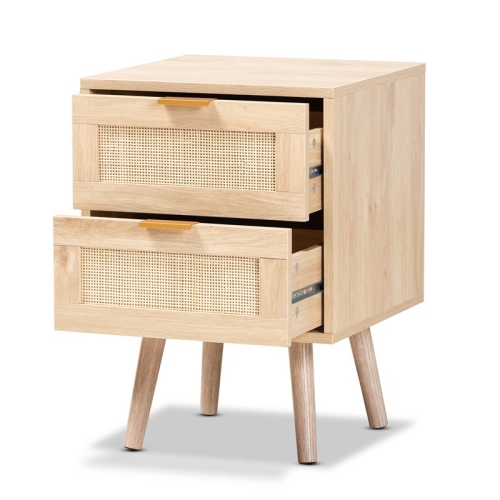 Bowery Hill Light Oak Brown Finished Wood and Rattan 2-Drawer Nightstand