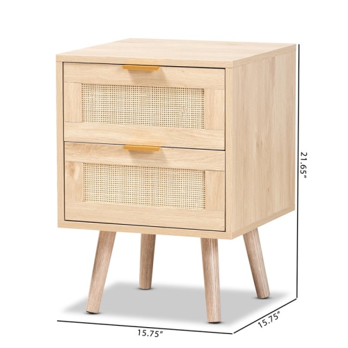 Bowery Hill Light Oak Brown Finished Wood and Rattan 2-Drawer Nightstand