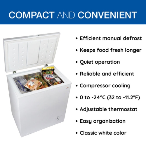 Koolatron Compact Chest Freezer 5.0 cu ft, Manual Defrost Deep Freeze, Storage Basket, Space-Saving Flat Back, Stay-Open Lid, Front-Access Defrost