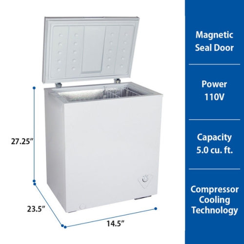 Koolatron Compact Chest Freezer 5.0 cu ft, Manual Defrost Deep Freeze, Storage Basket, Space-Saving Flat Back, Stay-Open Lid, Front-Access Defrost