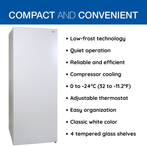 Koolatron Garage-Ready Upright Freezer 7.0 cu ft White, Low-Frost, Flat Back, Glass Shelves