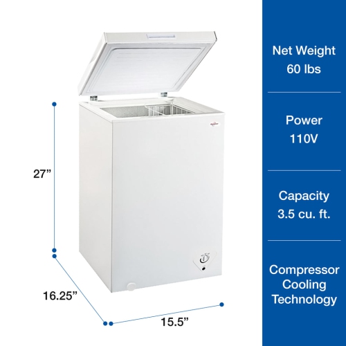 Koolatron Compact Chest Freezer 3.5 cu ft, White, Energy-Efficient Manual Defrost, Flat Back