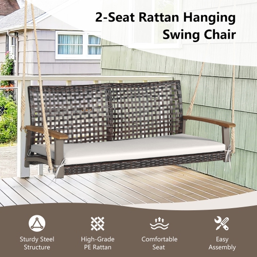 Gymax 2-Seat Rattan Porch Swing Chair Outdoor Wicker Swing Bench W/ Seat Cushion Off White