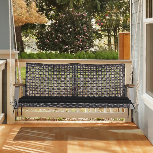 GYMAX  2-Seat Rattan Porch Swing Chair Outdoor Wicker Swing Bench W/ Seat Cushion