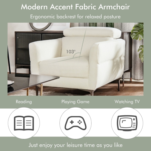 Gymax Modern Upholstered Accent Chair Single Sofa Armchair w/ Adjustable Headrest White