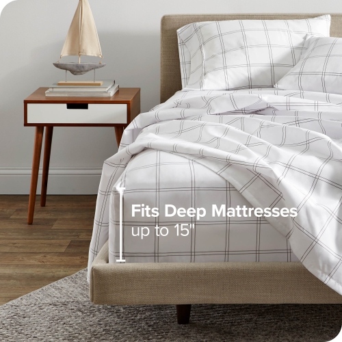Bare Home Fitted Bottom Sheet - Premium 1800 Ultra-Soft Wrinkle Resistant Microfiber - Hypoallergenic - Deep Pocket - Modern Plaid - White/Grey, Twin
