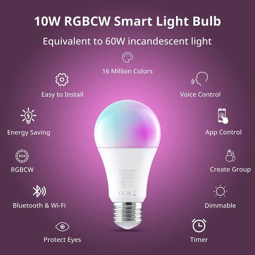 SwitchBot E26 Smart LED Light Bulb |Multi-Colour, WiFi & Bluetooth Bulb Works with Alexa&Google, 10W 800lms Equals 60W Bulb, 2.4GHz Only, No Hub