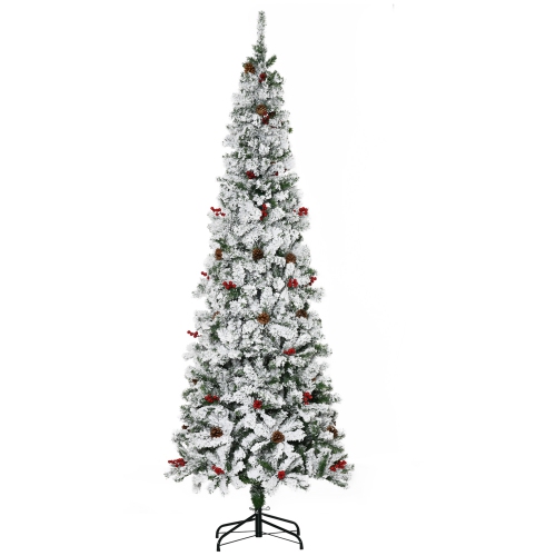 HOMCOM  7.5 Ft Pencil Snow Flocked Artificial Christmas Tree With Pine Realistic Branches, Pine Cones Berries, Auto Open, Green In Red