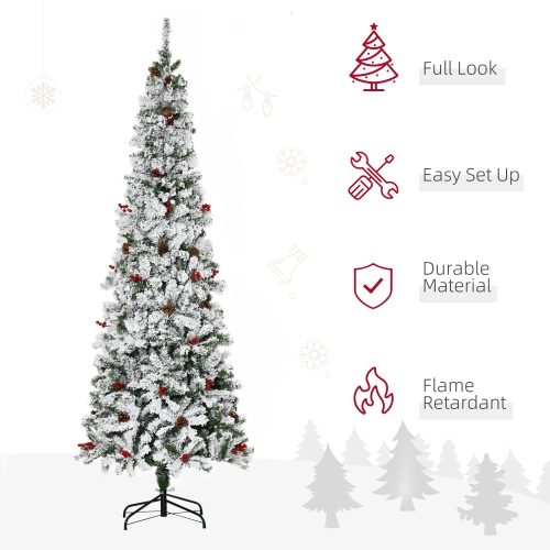 HOMCOM 7.5 FT Pencil Snow Flocked Artificial Christmas Tree with Pine Realistic Branches, Pine Cones, Red Berries, Auto Open, Green