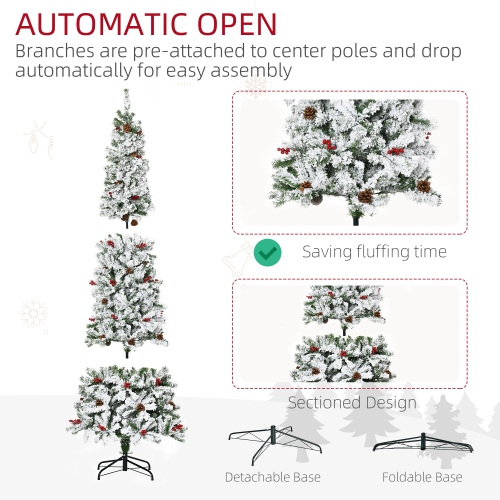 HOMCOM 7.5 FT Pencil Snow Flocked Artificial Christmas Tree with Pine Realistic Branches, Pine Cones, Red Berries, Auto Open, Green