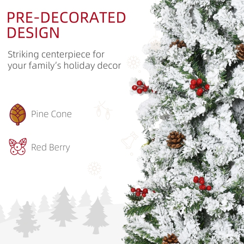HOMCOM 7.5 FT Pencil Snow Flocked Artificial Christmas Tree with Pine Realistic Branches, Pine Cones, Red Berries, Auto Open, Green