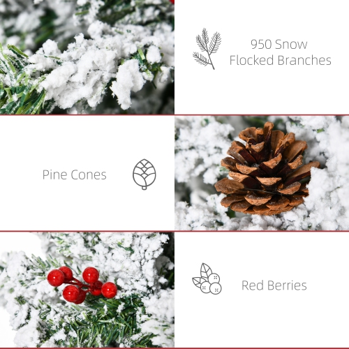 HOMCOM 7.5 FT Pencil Snow Flocked Artificial Christmas Tree with Pine Realistic Branches, Pine Cones, Red Berries, Auto Open, Green