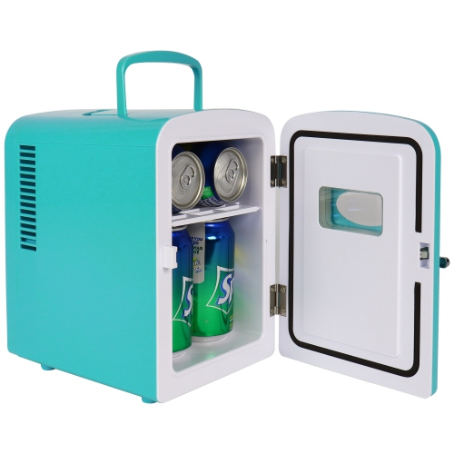 Koolatron 4L Retro Portable Mini Fridge w/ 12V DC and 110V AC Cords, 6 Can Personal Cooler, Aqua
