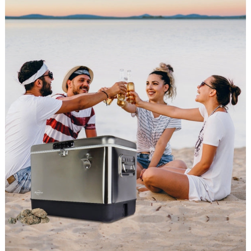 Koolatron Stainless Steel Ice Chest Cooler w/ Bottle Opener, 51 L (54 qt),  85 Can Capacity Portable Beverage Cooler, Silver and Black, for Camping,  Beach, BBQs, Tailgating, Fishing