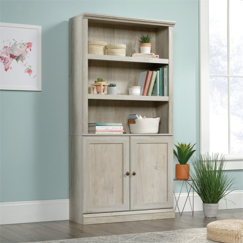 Sauder Misc Storage 3-Shelf 2-Door Tall Wood Bookcase in Chalked Chestnut