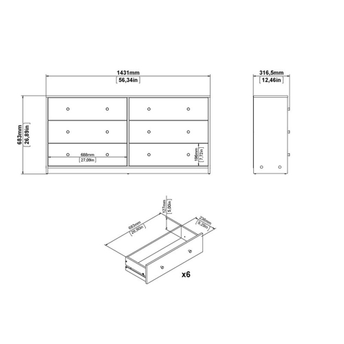 Tvilum Portland Contemporary 6 Drawer Double Dresser in White