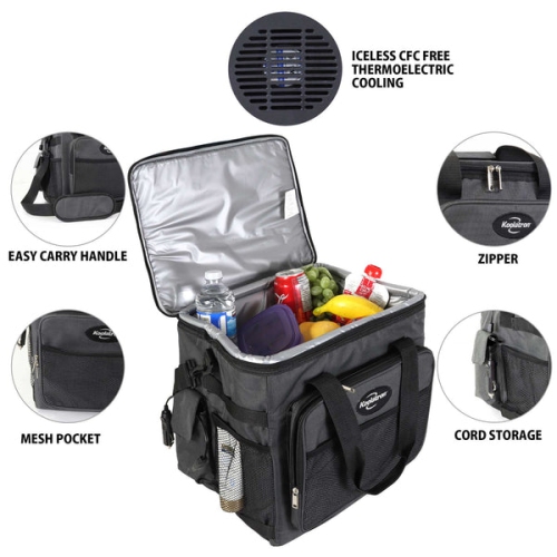 D25 Hybrid Portable 12V Cooler Bag with Shoulder Strap, 24.5L / 26 qt Soft-Sided Iceless Thermoelectric Travel Fridge, Grey and Black