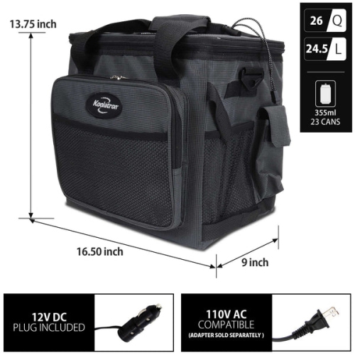 D25 Hybrid Portable 12V Cooler Bag with Shoulder Strap, 24.5L / 26 qt Soft-Sided Iceless Thermoelectric Travel Fridge, Grey and Black