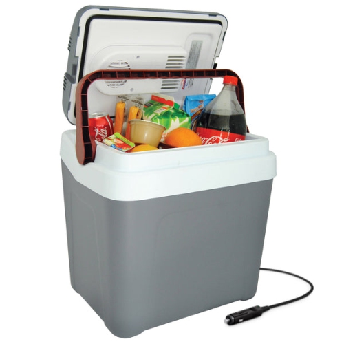 Koolatron Thermoelectric Iceless 12 Volt Cooler 26 qt, Electric Portable Car Cooler with DC Plug, Grey and White, for Travel Camping Fishing Trucking