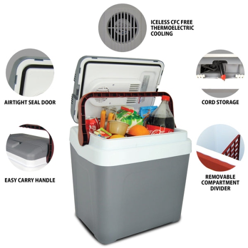 Koolatron Thermoelectric Iceless 12 Volt Cooler 26 qt, Electric Portable Car Cooler with DC Plug, Grey and White, for Travel Camping Fishing Trucking