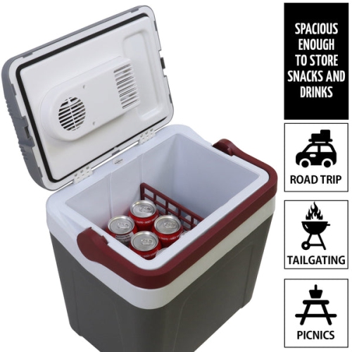 Koolatron Thermoelectric Iceless 12 Volt Cooler 26 qt, Electric Portable Car Cooler with DC Plug, Grey and White, for Travel Camping Fishing Trucking