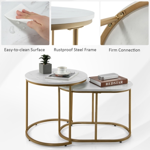 Costway Nesting Coffee Table Modern Set of 2 Marble Coffee Side Table Set Living Room