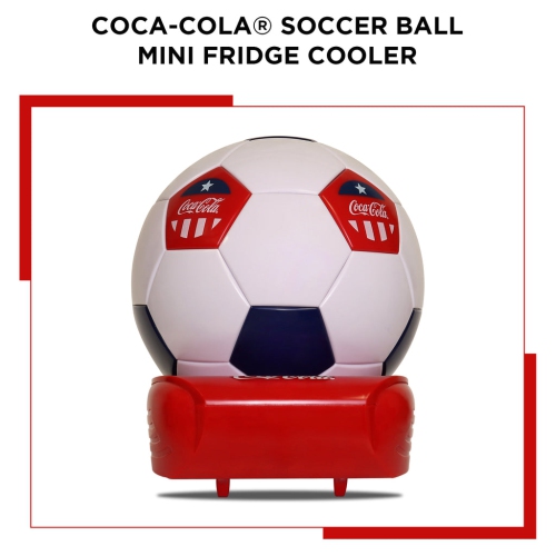 Coca-Cola Soccer Ball Mini Fridge, 5 Can Beverage Cooler with Hidden Opening, White Red Black, Games Room, Man-Cave, Dorm, Perfect Gift for Dad,