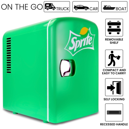 Coca-Cola Sprite 4L Portable Cooler/Warmer, Compact Personal Travel Fridge for Snacks Lunch Drinks Cosmetics, Includes 12V and AC Cords, Green