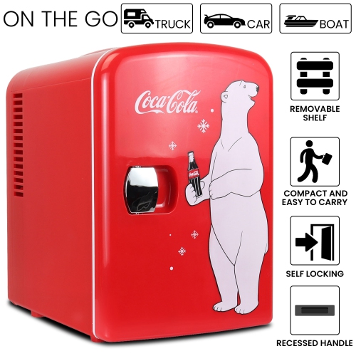 Coca-Cola Polar Bear 4L Portable Cooler/Warmer, Compact Personal Travel Fridge for Snacks Lunch Drinks Cosmetics, Includes 12V and AC Cords, Red