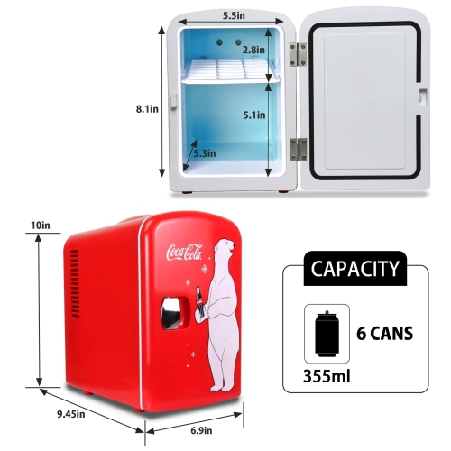 Coca-Cola Polar Bear 4L Portable Cooler/Warmer, Compact Personal Travel Fridge for Snacks Lunch Drinks Cosmetics, Includes 12V and AC Cords, Red