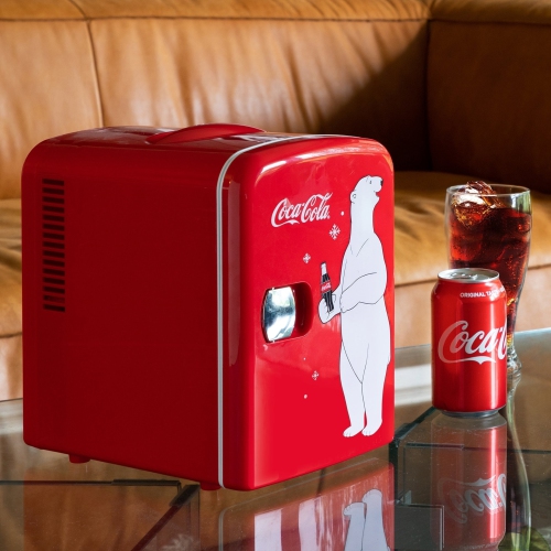 Coca-Cola Polar Bear 4L Portable Cooler/Warmer, Compact Personal Travel Fridge for Snacks Lunch Drinks Cosmetics, Includes 12V and AC Cords, Red
