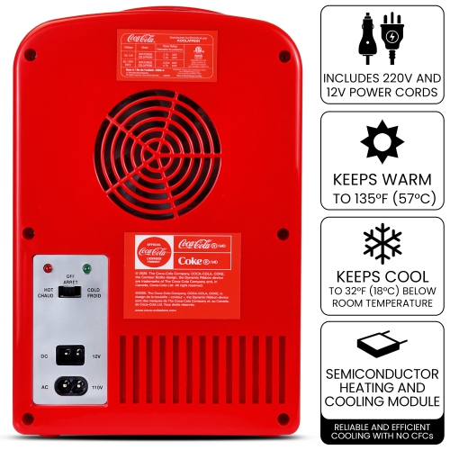 Coca-Cola Polar Bear 4L Portable Cooler/Warmer, Compact Personal Travel Fridge for Snacks Lunch Drinks Cosmetics, Includes 12V and AC Cords, Red