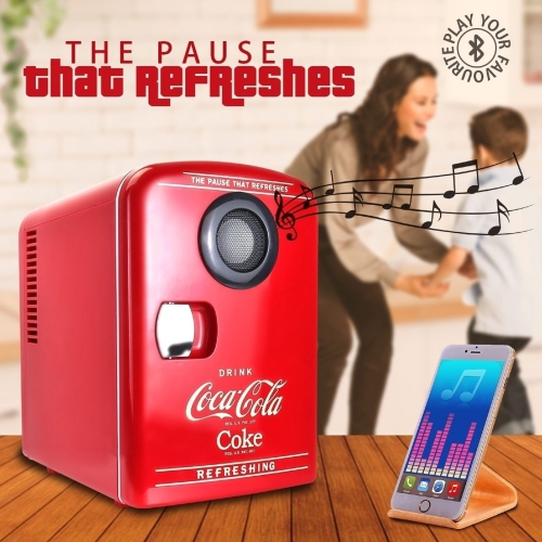 Coca-Cola 4L Portable Cooler/Warmer with Bluetooth Speaker, Compact Personal Fridge with Built-In Wireless Speaker, Includes 12V and AC Cords, Red